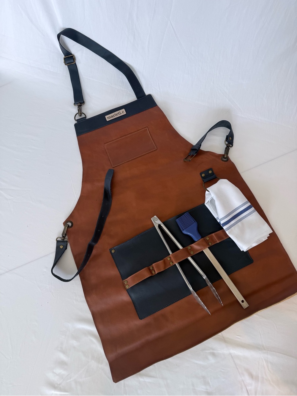 Marieti.c Leather BBQ Apron in Brown with Navy Straps - Picture 8 of 10